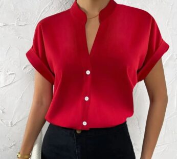 Chemise d’été minimaliste à col en V pour femme, satin rouge, manches courtes, simple boutonnage, coupe décontractée, chemise de bureau élégante, 2023