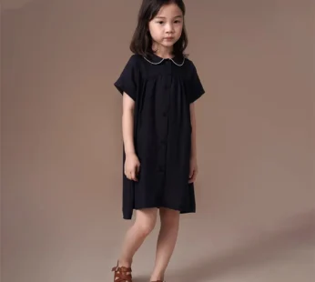 New Girls Summer Short Sleeve A Line Dress Elegant Black Princess Vintage Dress for Girls Turn Down Collar Button Shirt Dress